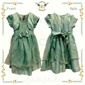 Trendy Girl Brand Girls Green Sequin Tulle Bling Bow Cap Sleeve Dress Size 4T